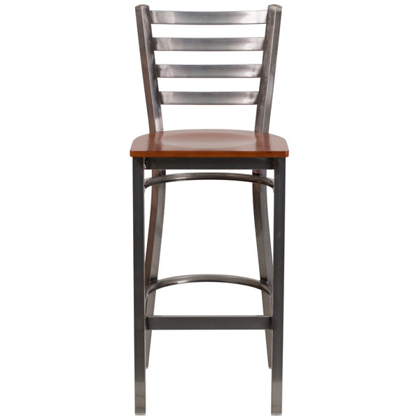 English Elm HERCULES Series Durable Silver Antique Metal Barstool with Cushioned Seat for Restaurants & Home Use Cherry Wood Seat/Clear Coated Metal Frame XU-DG697BLAD-CLR-BAR-CHYW-GG