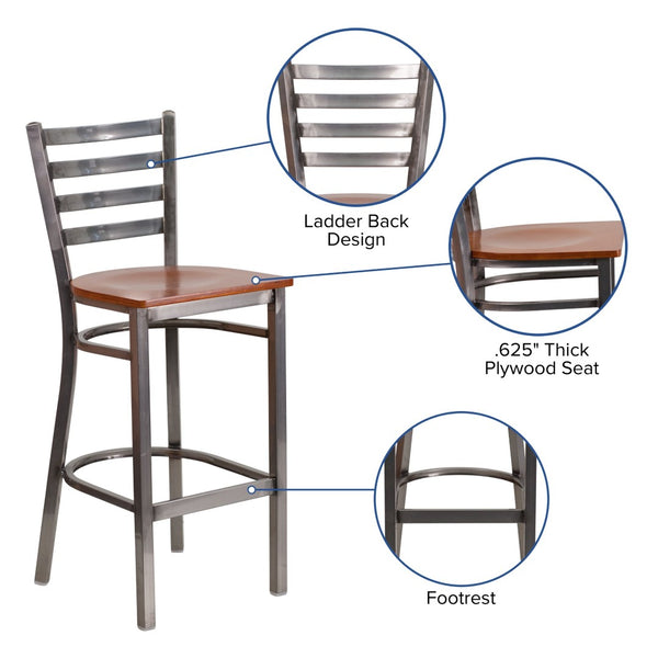 English Elm HERCULES Series Durable Silver Antique Metal Barstool with Cushioned Seat for Restaurants & Home Use Cherry Wood Seat/Clear Coated Metal Frame XU-DG697BLAD-CLR-BAR-CHYW-GG