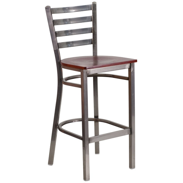 English Elm HERCULES Series Durable Silver Antique Metal Barstool with Cushioned Seat for Restaurants & Home Use Mahogany Wood Seat/Clear Coated Metal Frame XU-DG697BLAD-CLR-BAR-MAHW-GG