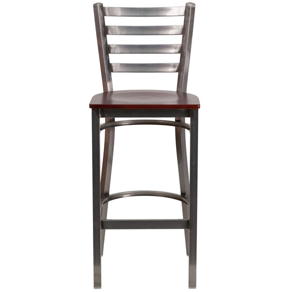 English Elm HERCULES Series Durable Silver Antique Metal Barstool with Cushioned Seat for Restaurants & Home Use Mahogany Wood Seat/Clear Coated Metal Frame XU-DG697BLAD-CLR-BAR-MAHW-GG