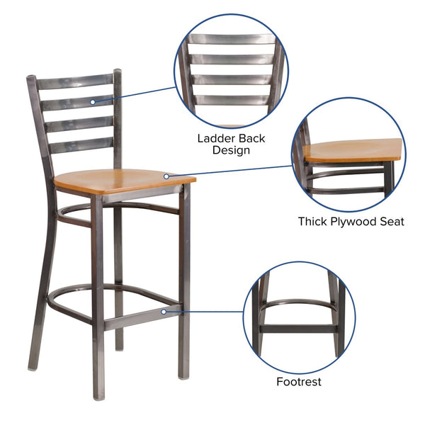 English Elm HERCULES Series Durable Silver Antique Metal Barstool with Cushioned Seat for Restaurants & Home Use Natural Wood Seat/Clear Coated Metal Frame XU-DG697BLAD-CLR-BAR-NATW-GG