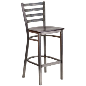 English Elm HERCULES Series Durable Silver Antique Metal Barstool with Cushioned Seat for Restaurants & Home Use Walnut Wood Seat/Clear Coated Metal Frame XU-DG697BLAD-CLR-BAR-WALW-GG