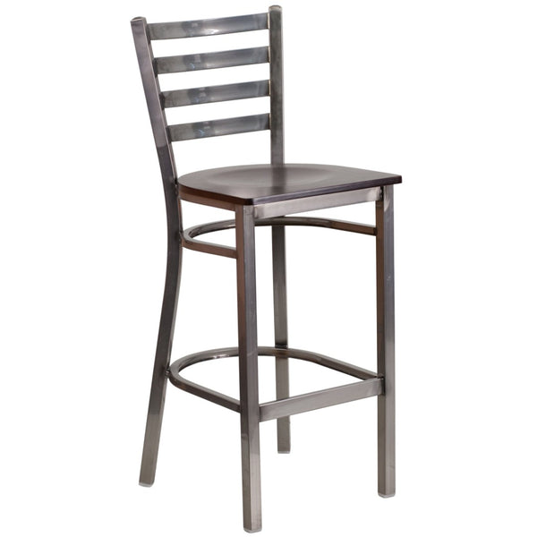 English Elm HERCULES Series Durable Silver Antique Metal Barstool with Cushioned Seat for Restaurants & Home Use Walnut Wood Seat/Clear Coated Metal Frame XU-DG697BLAD-CLR-BAR-WALW-GG