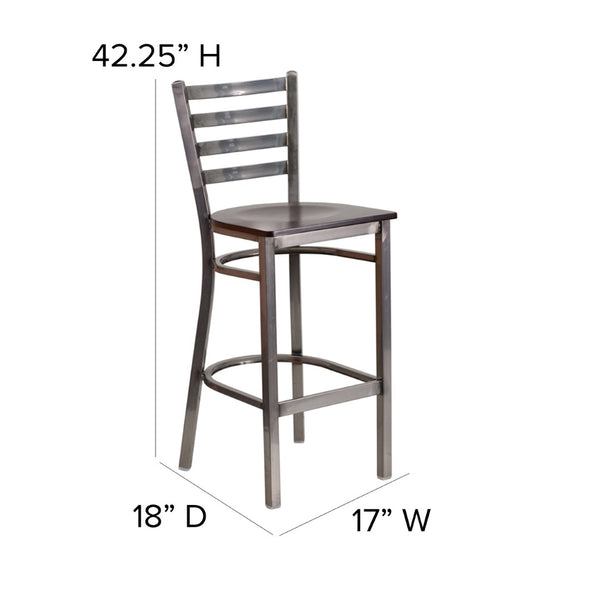 English Elm HERCULES Series Durable Silver Antique Metal Barstool with Cushioned Seat for Restaurants & Home Use Walnut Wood Seat/Clear Coated Metal Frame XU-DG697BLAD-CLR-BAR-WALW-GG