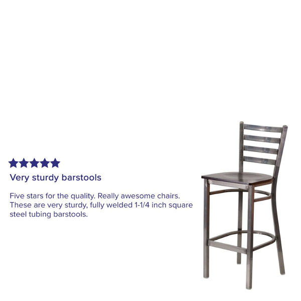 English Elm HERCULES Series Durable Silver Antique Metal Barstool with Cushioned Seat for Restaurants & Home Use Walnut Wood Seat/Clear Coated Metal Frame XU-DG697BLAD-CLR-BAR-WALW-GG