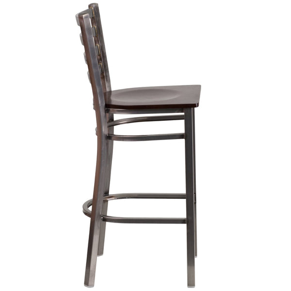 English Elm HERCULES Series Durable Silver Antique Metal Barstool with Cushioned Seat for Restaurants & Home Use Walnut Wood Seat/Clear Coated Metal Frame XU-DG697BLAD-CLR-BAR-WALW-GG