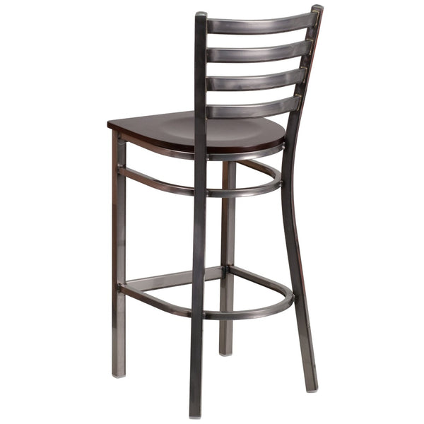 English Elm HERCULES Series Durable Silver Antique Metal Barstool with Cushioned Seat for Restaurants & Home Use Walnut Wood Seat/Clear Coated Metal Frame XU-DG697BLAD-CLR-BAR-WALW-GG