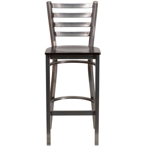 English Elm HERCULES Series Durable Silver Antique Metal Barstool with Cushioned Seat for Restaurants & Home Use Walnut Wood Seat/Clear Coated Metal Frame XU-DG697BLAD-CLR-BAR-WALW-GG