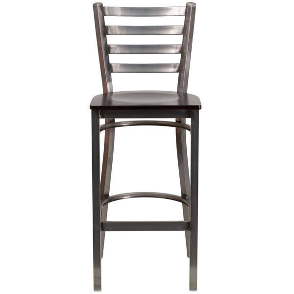 English Elm HERCULES Series Durable Silver Antique Metal Barstool with Cushioned Seat for Restaurants & Home Use Walnut Wood Seat/Clear Coated Metal Frame XU-DG697BLAD-CLR-BAR-WALW-GG