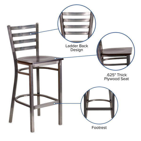 English Elm HERCULES Series Durable Silver Antique Metal Barstool with Cushioned Seat for Restaurants & Home Use Walnut Wood Seat/Clear Coated Metal Frame XU-DG697BLAD-CLR-BAR-WALW-GG