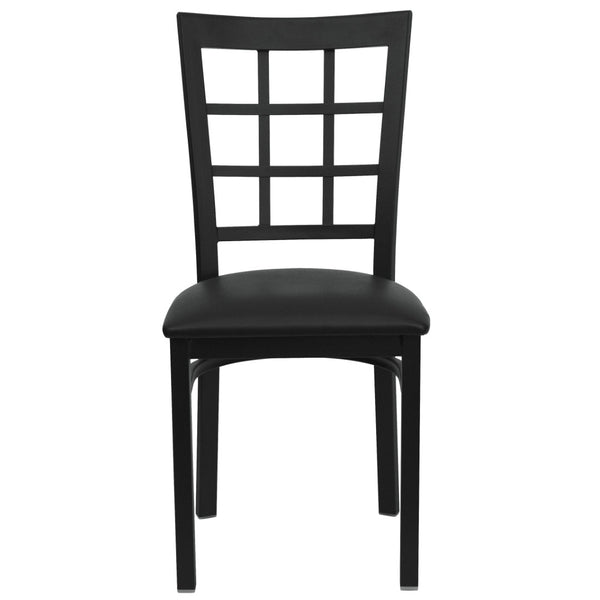 English Elm HERCULES Series Durable Window-Back Metal Restaurant Chair for Stylish Home & Commercial Dining Spaces Black Vinyl Seat/Black Metal Frame XU-DG6Q3BWIN-BLKV-GG