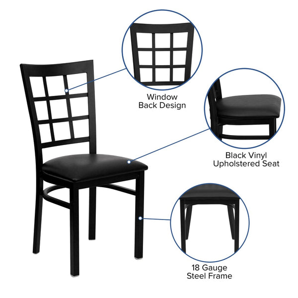 English Elm HERCULES Series Durable Window-Back Metal Restaurant Chair for Stylish Home & Commercial Dining Spaces Black Vinyl Seat/Black Metal Frame XU-DG6Q3BWIN-BLKV-GG