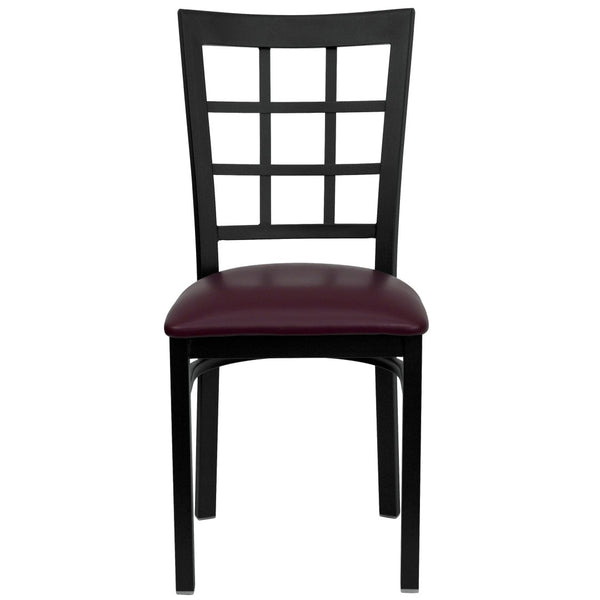 English Elm HERCULES Series Durable Window-Back Metal Restaurant Chair for Stylish Home & Commercial Dining Spaces Burgundy Vinyl Seat/Black Metal Frame XU-DG6Q3BWIN-BURV-GG