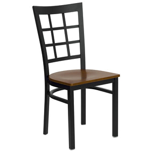 English Elm HERCULES Series Durable Window-Back Metal Restaurant Chair for Stylish Home & Commercial Dining Spaces Cherry Wood Seat/Black Metal Frame XU-DG6Q3BWIN-CHYW-GG