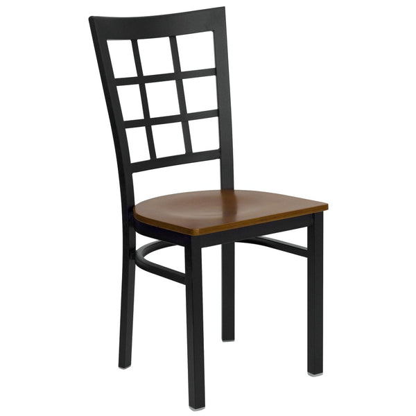 English Elm HERCULES Series Durable Window-Back Metal Restaurant Chair for Stylish Home & Commercial Dining Spaces Cherry Wood Seat/Black Metal Frame XU-DG6Q3BWIN-CHYW-GG