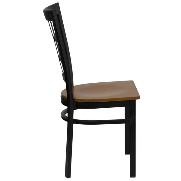 English Elm HERCULES Series Durable Window-Back Metal Restaurant Chair for Stylish Home & Commercial Dining Spaces Cherry Wood Seat/Black Metal Frame XU-DG6Q3BWIN-CHYW-GG