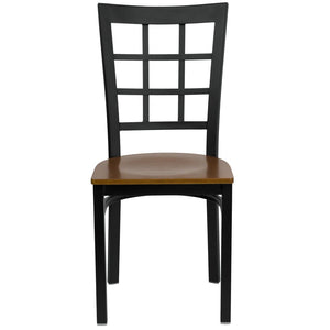 English Elm HERCULES Series Durable Window-Back Metal Restaurant Chair for Stylish Home & Commercial Dining Spaces Cherry Wood Seat/Black Metal Frame XU-DG6Q3BWIN-CHYW-GG