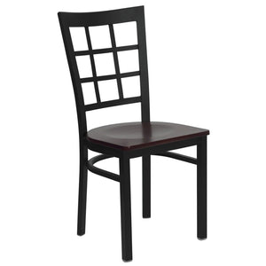 English Elm HERCULES Series Durable Window-Back Metal Restaurant Chair for Stylish Home & Commercial Dining Spaces Mahogany Wood Seat/Black Metal Frame XU-DG6Q3BWIN-MAHW-GG