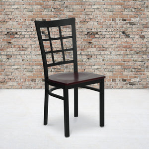 English Elm HERCULES Series Durable Window-Back Metal Restaurant Chair for Stylish Home & Commercial Dining Spaces Mahogany Wood Seat/Black Metal Frame XU-DG6Q3BWIN-MAHW-GG