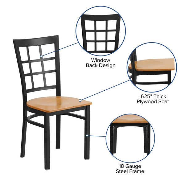 English Elm HERCULES Series Durable Window-Back Metal Restaurant Chair for Stylish Home & Commercial Dining Spaces Natural Wood Seat/Black Metal Frame XU-DG6Q3BWIN-NATW-GG