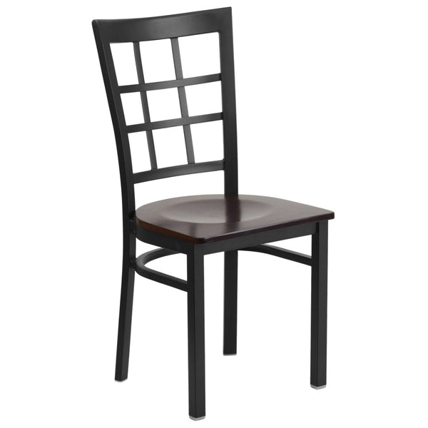 English Elm HERCULES Series Durable Window-Back Metal Restaurant Chair for Stylish Home & Commercial Dining Spaces Walnut Wood Seat/Black Metal Frame XU-DG6Q3BWIN-WALW-GG