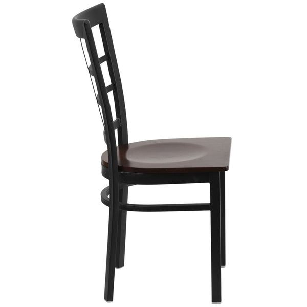 English Elm HERCULES Series Durable Window-Back Metal Restaurant Chair for Stylish Home & Commercial Dining Spaces Walnut Wood Seat/Black Metal Frame XU-DG6Q3BWIN-WALW-GG