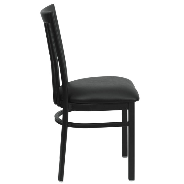 English Elm HERCULES Classic Heavy-Duty Metal School House Chair for Dining, Café, and Restaurant Use Black Vinyl Seat/Black Metal Frame XU-DG6Q4BSCH-BLKV-GG