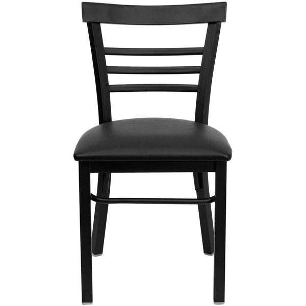 English Elm HERCULES Series Three-Slat Ladder Back Metal Restaurant Chair - Durable, Easy-Care, Modern Style Black Vinyl Seat/Black Metal Frame XU-DG6Q6B1LAD-BLKV-GG