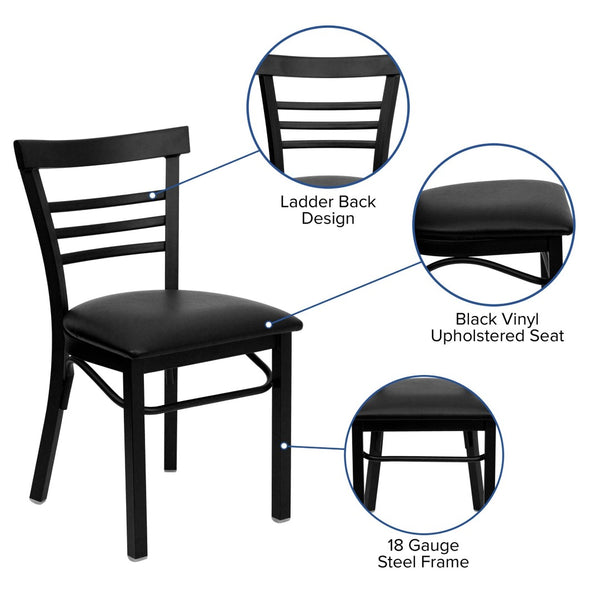 English Elm HERCULES Series Three-Slat Ladder Back Metal Restaurant Chair - Durable, Easy-Care, Modern Style Black Vinyl Seat/Black Metal Frame XU-DG6Q6B1LAD-BLKV-GG
