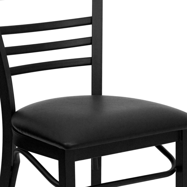 English Elm HERCULES Series Three-Slat Ladder Back Metal Restaurant Chair - Durable, Easy-Care, Modern Style Black Vinyl Seat/Black Metal Frame XU-DG6Q6B1LAD-BLKV-GG