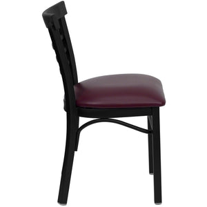 English Elm HERCULES Series Three-Slat Ladder Back Metal Restaurant Chair - Durable, Easy-Care, Modern Style Burgundy Vinyl Seat/Black Metal Frame XU-DG6Q6B1LAD-BURV-GG