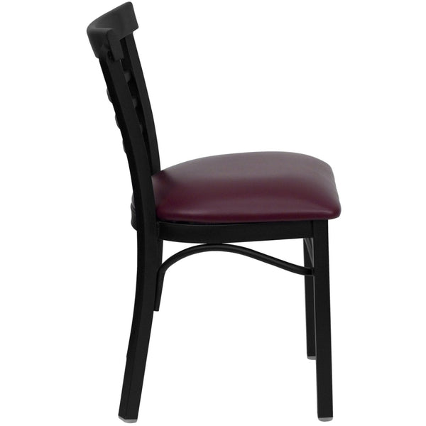 English Elm HERCULES Series Three-Slat Ladder Back Metal Restaurant Chair - Durable, Easy-Care, Modern Style Burgundy Vinyl Seat/Black Metal Frame XU-DG6Q6B1LAD-BURV-GG