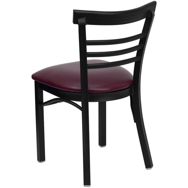 English Elm HERCULES Series Three-Slat Ladder Back Metal Restaurant Chair - Durable, Easy-Care, Modern Style Burgundy Vinyl Seat/Black Metal Frame XU-DG6Q6B1LAD-BURV-GG