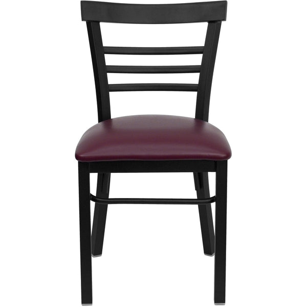 English Elm HERCULES Series Three-Slat Ladder Back Metal Restaurant Chair - Durable, Easy-Care, Modern Style Burgundy Vinyl Seat/Black Metal Frame XU-DG6Q6B1LAD-BURV-GG