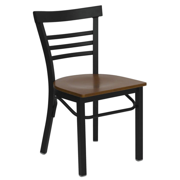 English Elm HERCULES Series Three-Slat Ladder Back Metal Restaurant Chair - Durable, Easy-Care, Modern Style Cherry Wood Seat/Black Metal Frame XU-DG6Q6B1LAD-CHYW-GG
