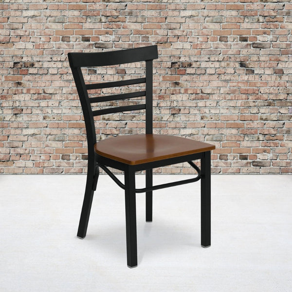 English Elm HERCULES Series Three-Slat Ladder Back Metal Restaurant Chair - Durable, Easy-Care, Modern Style Cherry Wood Seat/Black Metal Frame XU-DG6Q6B1LAD-CHYW-GG