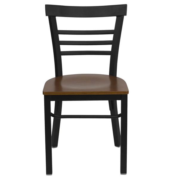 English Elm HERCULES Series Three-Slat Ladder Back Metal Restaurant Chair - Durable, Easy-Care, Modern Style Cherry Wood Seat/Black Metal Frame XU-DG6Q6B1LAD-CHYW-GG