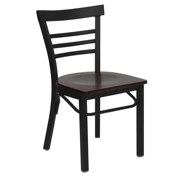 English Elm HERCULES Series Three-Slat Ladder Back Metal Restaurant Chair - Durable, Easy-Care, Modern Style Mahogany Wood Seat/Black Metal Frame XU-DG6Q6B1LAD-MAHW-GG