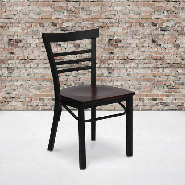 English Elm HERCULES Series Three-Slat Ladder Back Metal Restaurant Chair - Durable, Easy-Care, Modern Style Mahogany Wood Seat/Black Metal Frame XU-DG6Q6B1LAD-MAHW-GG