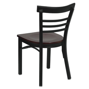 English Elm HERCULES Series Three-Slat Ladder Back Metal Restaurant Chair - Durable, Easy-Care, Modern Style Mahogany Wood Seat/Black Metal Frame XU-DG6Q6B1LAD-MAHW-GG