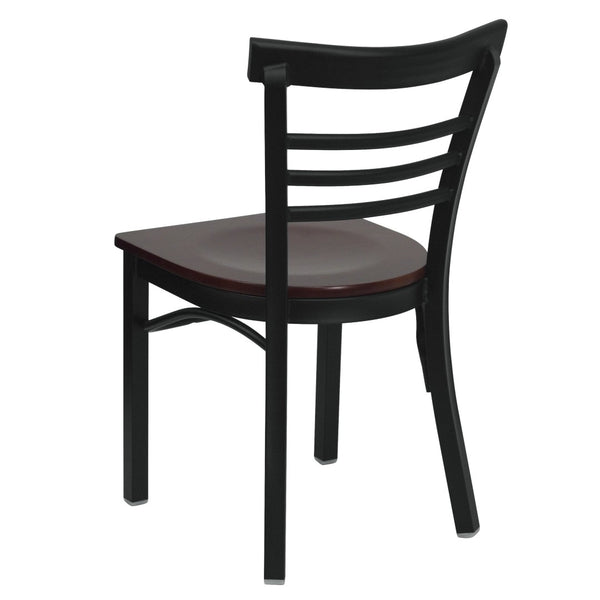 English Elm HERCULES Series Three-Slat Ladder Back Metal Restaurant Chair - Durable, Easy-Care, Modern Style Mahogany Wood Seat/Black Metal Frame XU-DG6Q6B1LAD-MAHW-GG