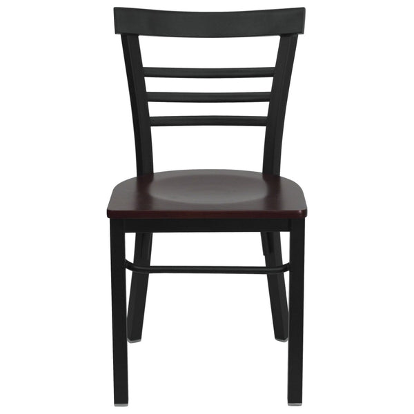 English Elm HERCULES Series Three-Slat Ladder Back Metal Restaurant Chair - Durable, Easy-Care, Modern Style Mahogany Wood Seat/Black Metal Frame XU-DG6Q6B1LAD-MAHW-GG