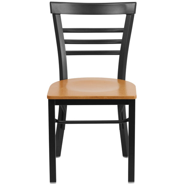 English Elm HERCULES Series Three-Slat Ladder Back Metal Restaurant Chair - Durable, Easy-Care, Modern Style Natural Wood Seat/Black Metal Frame XU-DG6Q6B1LAD-NATW-GG