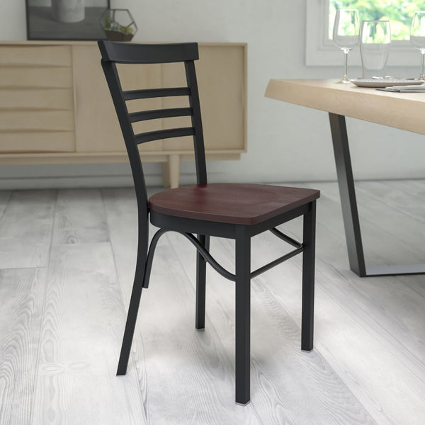 English Elm HERCULES Series Three-Slat Ladder Back Metal Restaurant Chair - Durable, Easy-Care, Modern Style Walnut Wood Seat/Black Metal Frame XU-DG6Q6B1LAD-WALW-GG
