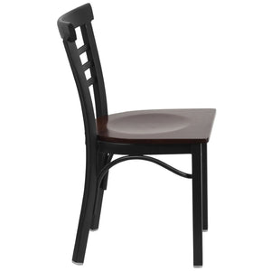English Elm HERCULES Series Three-Slat Ladder Back Metal Restaurant Chair - Durable, Easy-Care, Modern Style Walnut Wood Seat/Black Metal Frame XU-DG6Q6B1LAD-WALW-GG