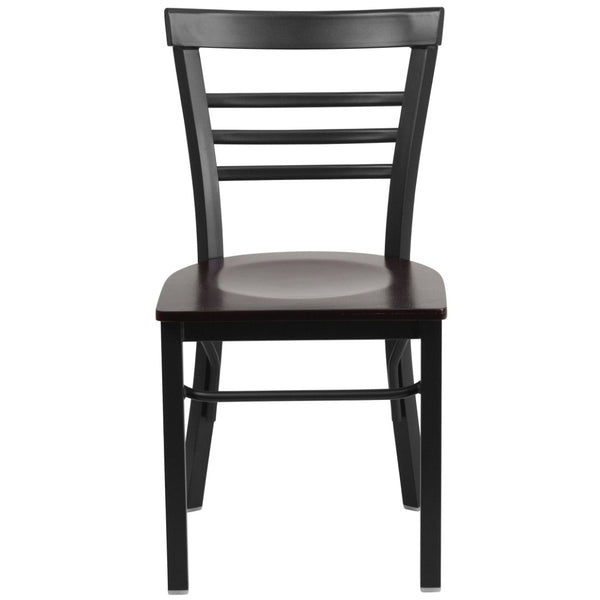 English Elm HERCULES Series Three-Slat Ladder Back Metal Restaurant Chair - Durable, Easy-Care, Modern Style Walnut Wood Seat/Black Metal Frame XU-DG6Q6B1LAD-WALW-GG