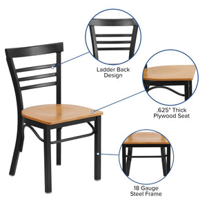 English Elm HERCULES Series Three-Slat Ladder Back Metal Restaurant Chair - Durable, Easy-Care, Modern Style Walnut Wood Seat/Black Metal Frame XU-DG6Q6B1LAD-WALW-GG