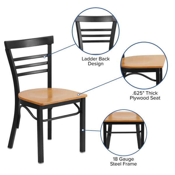 English Elm HERCULES Series Three-Slat Ladder Back Metal Restaurant Chair - Durable, Easy-Care, Modern Style Walnut Wood Seat/Black Metal Frame XU-DG6Q6B1LAD-WALW-GG