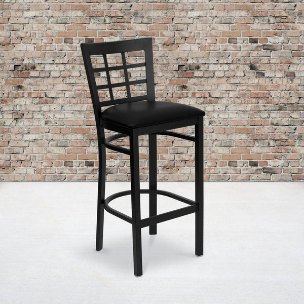 English Elm HERCULES Series Window-Back Metal Barstool - Durable, Comfortable Seating for Restaurants & Homes Black Vinyl Seat/Black Metal Frame XU-DG6R7BWIN-BAR-BLKV-GG