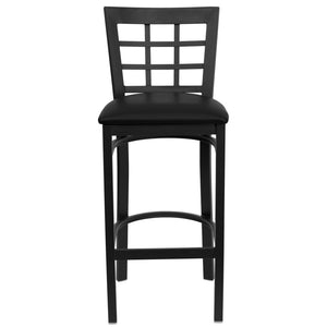 English Elm HERCULES Series Window-Back Metal Barstool - Durable, Comfortable Seating for Restaurants & Homes Black Vinyl Seat/Black Metal Frame XU-DG6R7BWIN-BAR-BLKV-GG